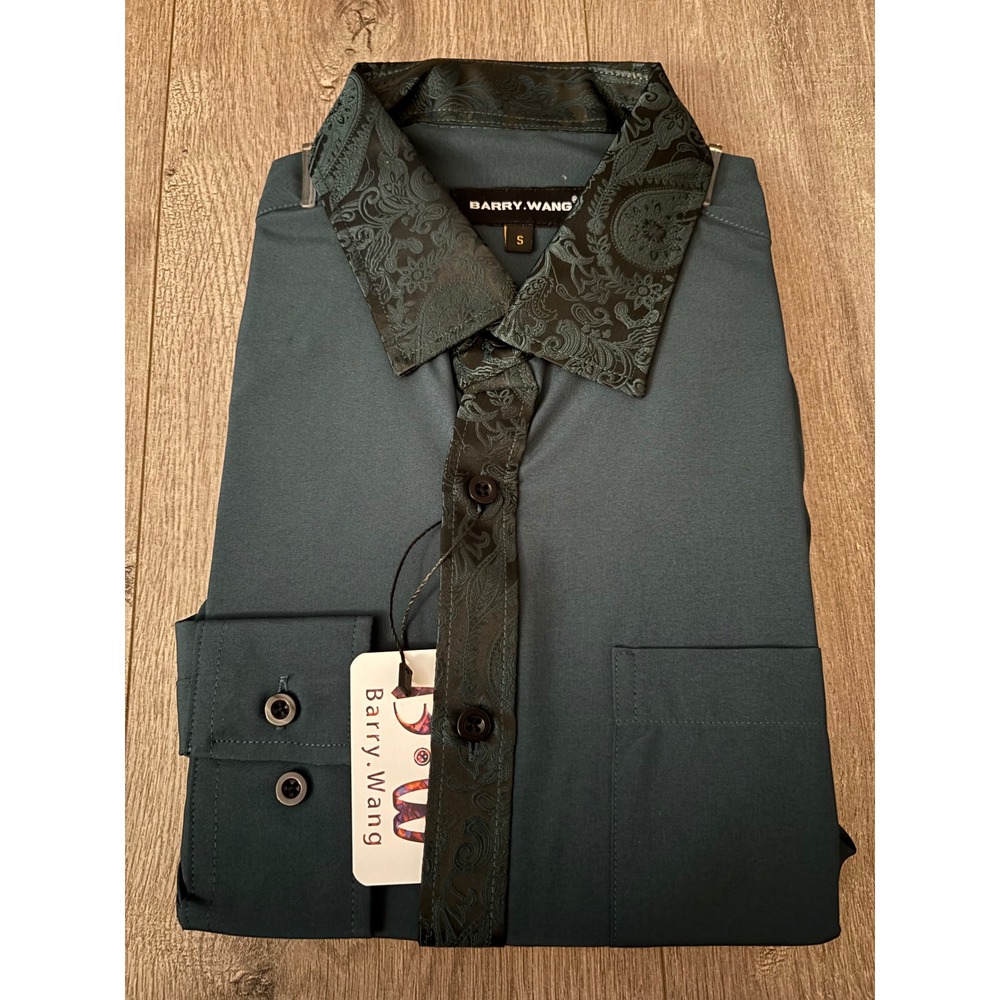 Barry Wang Men Green Paisley Contrast Collar Dress Shirt Long Sleeve S NWT